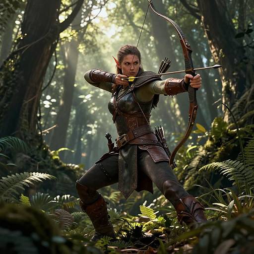 Digital artwork: Elf archer in forest, drawing a bow, wearing leather armor with quiver, intense focus, sunlight filtering through trees, ferns