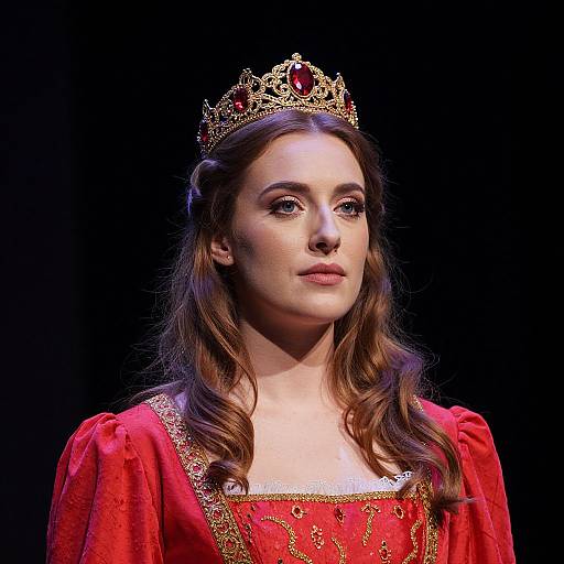 Photograph of a young woman with fair skin, long brown wavy hair, wearing a red gown with gold trim and a gold crown with a red