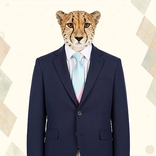 Photograph of a leopard's face digitally merged with a black suit and white shirt, standing against a white background with light geometric patterns.