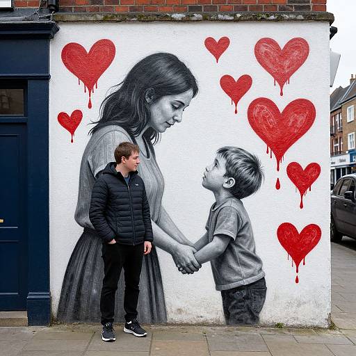 Black-and-white mural of woman holding hands with boy, surrounded by red dripping hearts. Real man stands beside, holding hand of boy. Urban street scene