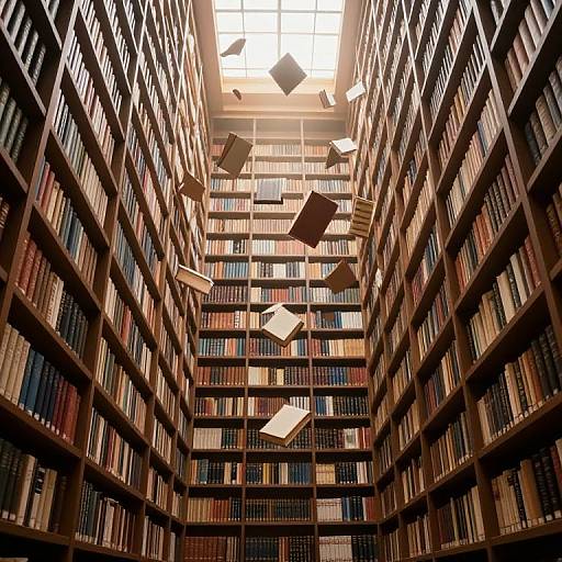 Photograph of a grand library with towering shelves of books, sunlight streaming from the ceiling, and several books floating mid-air.