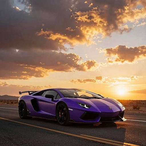 Photograph of a sleek, purple sports car with black rims driving on a desert road at sunset, under a dramatic, cloud-streaked sky.