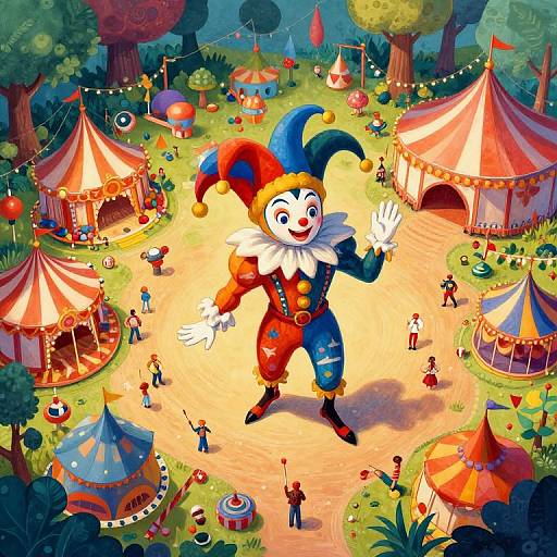 Vibrant digital illustration of a jester with colorful outfit and hat, waving at a lively circus scene with tents, people, and festive decorations in