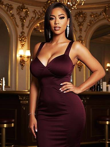 Photograph of a confident, dark-skinned woman with long black hair, wearing a form-fitting, deep purple dress with a V-neck, standing