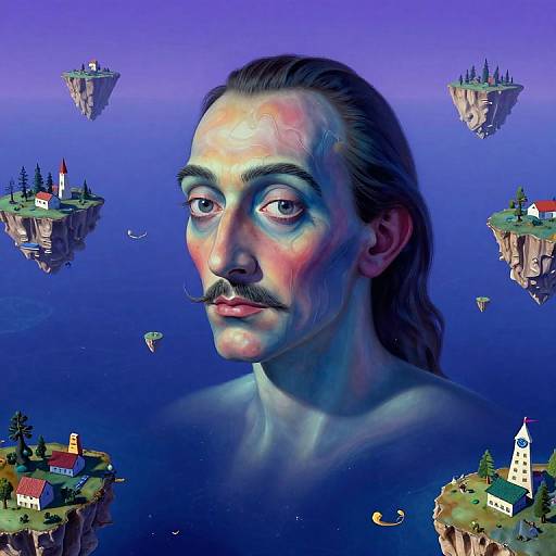 Digital painting of a mustachioed man with long hair, floating among floating islands with houses and churches, set against a vibrant blue sky. Fantasy