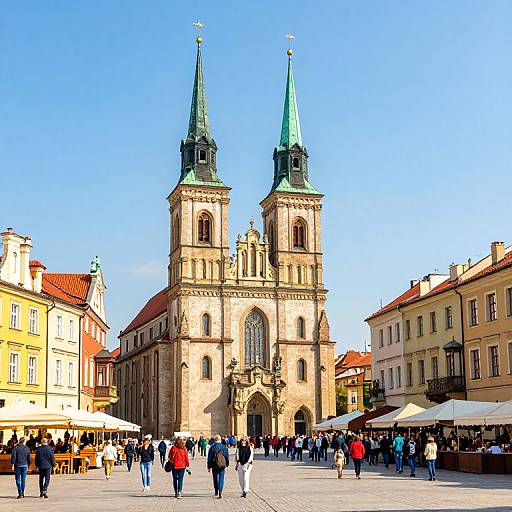 Photograph of a bustling European town square with a grand Gothic-style church featuring two green spires, surrounded by colorful buildings and people under white umbrellas