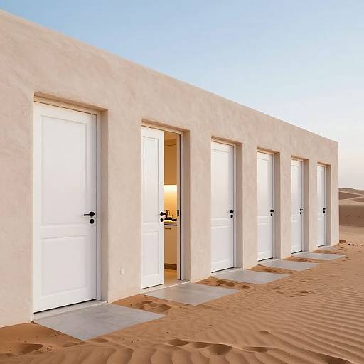 Photograph of a white, minimalist building with five identical doors, three closed and one open, revealing a warmly lit interior. Sandy desert ground in front
