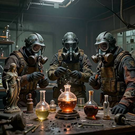 Three masked soldiers in gas masks mix chemicals around a lit bunsen burner on a lab table, surrounded by glassware and a statue, in a