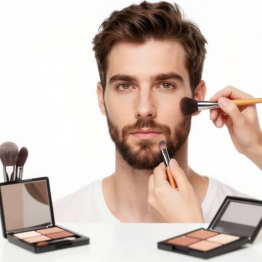 Photograph of a bearded man with brown hair applying makeup: eyeshadow brush in hand, two open eyeshadow palettes on white background