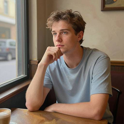 Photograph of a young man with tousled brown hair, blue eyes, and fair skin, wearing a light blue t-shirt, sitting at a wooden