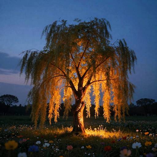 Glowing Ethereal Willow Tree in Twilight Meadow
