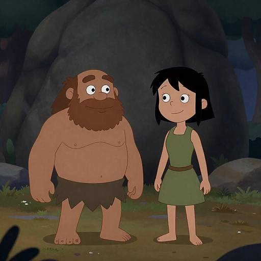 Colorful Cartoon Caveman and Cavewoman Scene