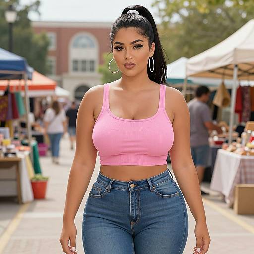 Photograph of a curvy, Latina woman with long black hair in a ponytail, wearing a pink crop top and high-waisted blue jeans