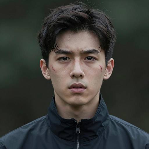 Young Man with Intense Expression and Facial Scratches