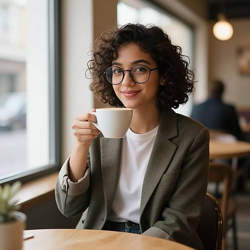 Photograph of a curly-haired, dark-skinned woman with glasses, wearing a grey blazer over a white shirt, holding a white cup in a
