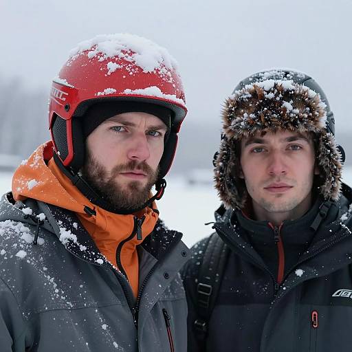 Two Men in Winter Gear with Snowy Helmets