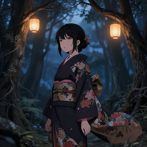 Digital anime-style illustration of a black-haired woman in a floral-patterned yukata, standing in a dark, moonlit forest with two glowing lantern