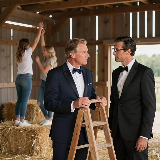 Men in Suits Conversing in Barn with Ladder