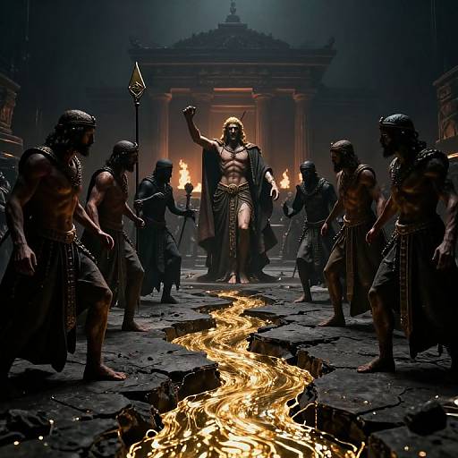 Digital artwork of a muscular, shirtless deity with raised arm, standing in a dark, foggy temple, surrounded by armored warriors, with a crack