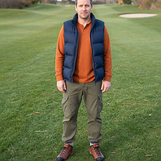 Photograph of a middle-aged man with short hair, wearing an orange polo, navy puffer vest, olive cargo pants, and brown shoes, standing