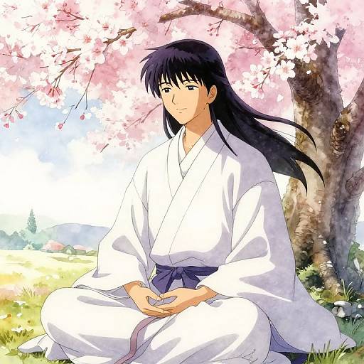 Anime-style digital drawing of a black-haired man in a white kimono, sitting serenely under cherry blossom trees in a sunny, grassy field
