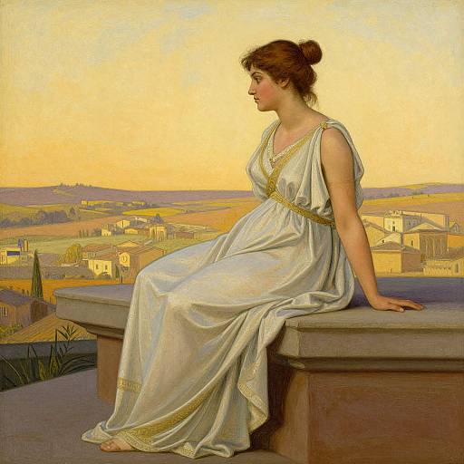 Painting of a red-haired woman in a white, gold-trimmed Greek-style dress, seated on a stone ledge, gazing at a sun