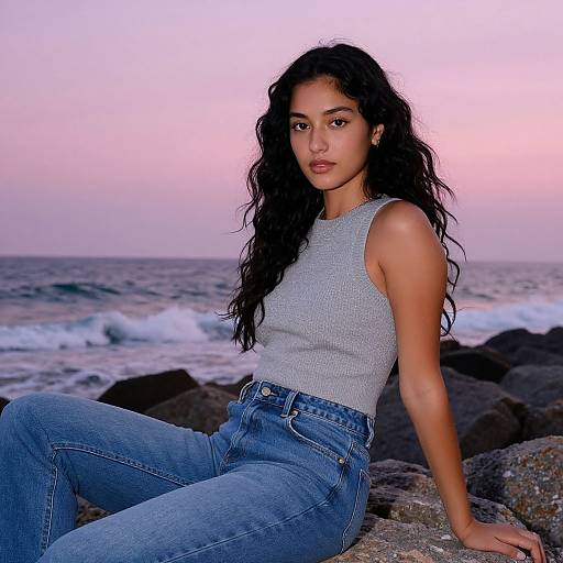 Photograph of a young woman with long, wavy black hair, wearing a gray sleeveless top and blue jeans, sitting on rocky beach at sunset