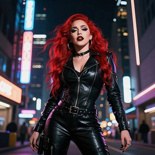 Photograph of a confident woman with vibrant red hair, wearing a black leather zip-up outfit and choker, striding down a neon-lit urban