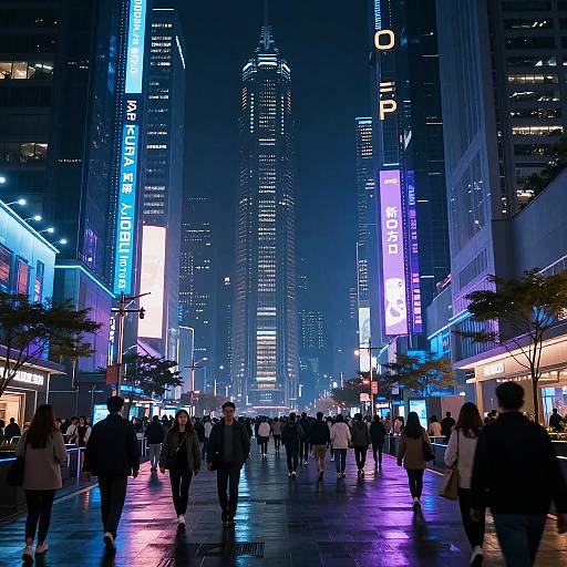 Nighttime photograph of a bustling urban street in a modern city, illuminated by vibrant blue and purple neon signs, with tall skyscrapers and crowds of