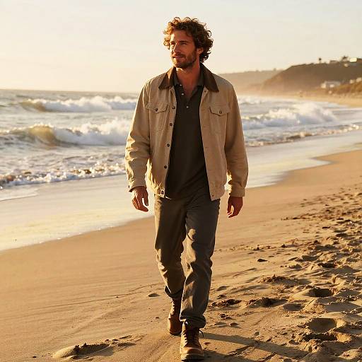 Photograph of a curly-haired, bearded man in a beige jacket and dark shirt walking on a golden-hued beach at sunset, with waves and