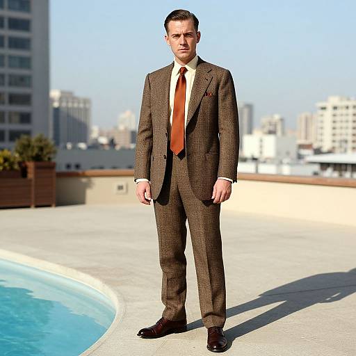 Photograph of a serious, fair-skinned man with short brown hair in a brown checkered suit, white shirt, and red tie, standing by