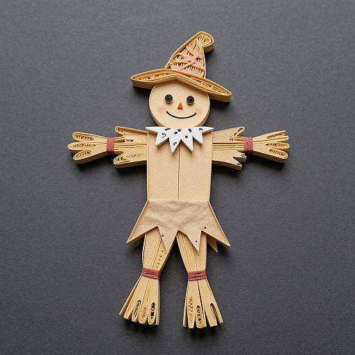 Photograph of a handmade paper scarecrow with a smiling face, straw hat, white collar, and ragged dress, lying flat on a dark blue