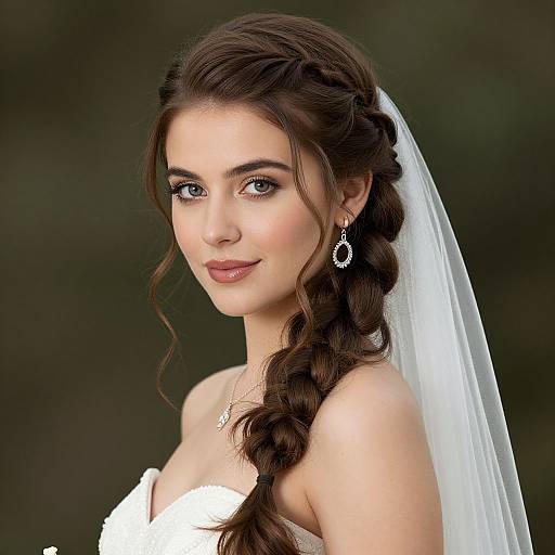 Photograph of a beautiful, fair-skinned woman with dark brown braided hair, wearing a white wedding dress and veil, with elegant earrings, smiling