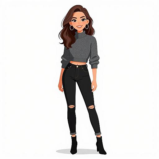 Digital illustration of a smiling woman with long brown hair, wearing a gray turtleneck, black ripped jeans, and black ankle boots. She has hoop