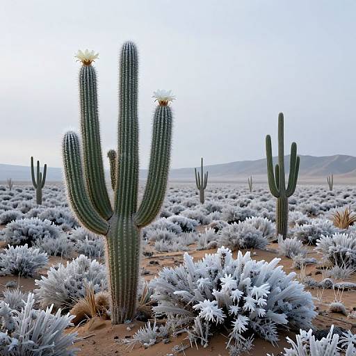 Photograph of a desert landscape with tall, green, spiky cacti, white flowering bushes, and sandy terrain under a clear, bright sky