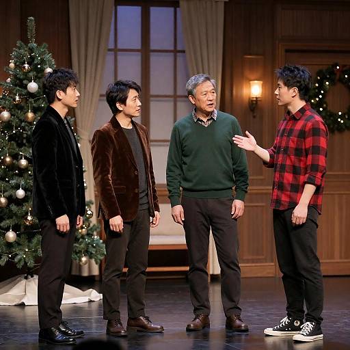 Four Men Conversing on Stage During Christmas