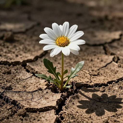 Photograph of a single white daisy with a yellow center, standing tall in dry, cracked soil, casting a shadow beneath.