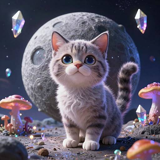 Digital art of a cute, fluffy, blue-eyed kitten with striped fur, staring up at a glowing, colorful crystal moon and vibrant mushrooms in a fantast