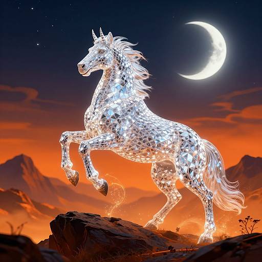 Digital artwork of a glowing, white, wireframe horse rearing on a rock against a vivid orange sunset and crescent moon.