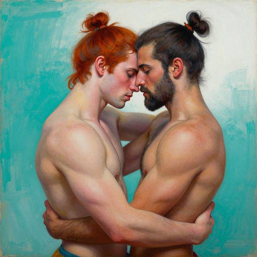 Digital painting of two muscular, shirtless men with topknots, embracing intimately against a teal background, noses touching, eyes closed.
