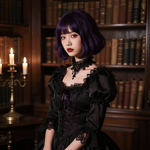 Gothic Victorian Woman in Candlelit Library