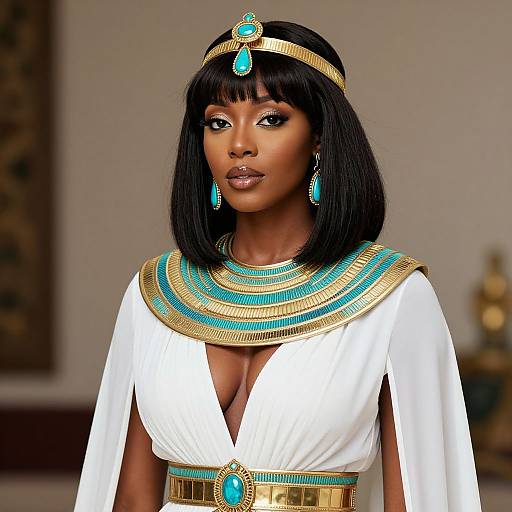 Photograph of a dark-skinned woman with black bob haircut, wearing an Egyptian-inspired outfit with turquoise and gold accessories, white deep V-neck dress,
