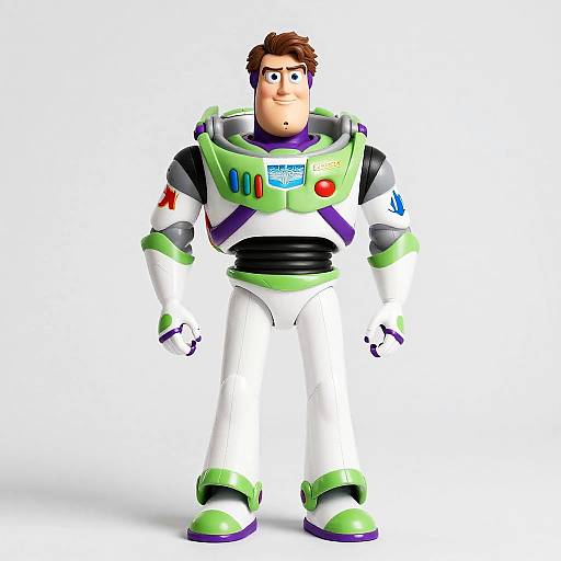 Digital 3D rendering of Buzz Lightyear from Toy Story, wearing his iconic white and green space ranger suit with colorful buttons, standing against a white