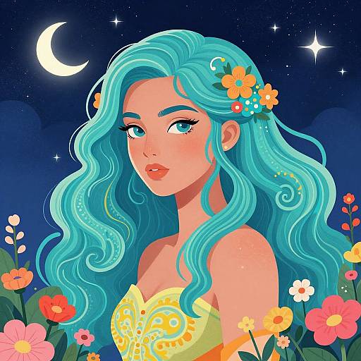 Digital illustration of a fair-skinned woman with turquoise wavy hair, adorned with flowers, wearing a yellow top, under a starry night sky with