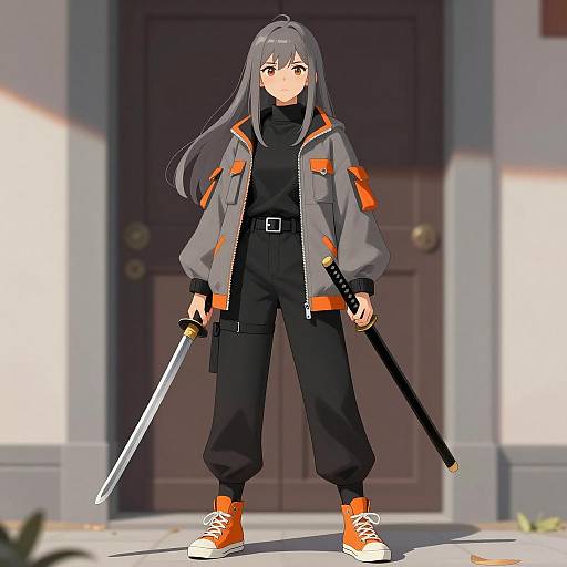 Stylish Asian Girl with Katana and Baton