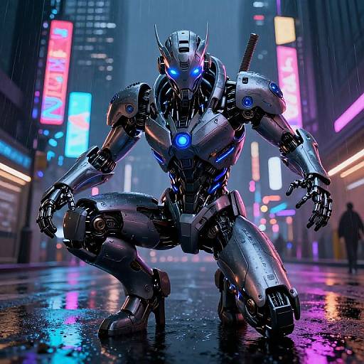 Photorealistic CGI of a glowing blue-eyed, silver robotic warrior crouching in a neon-lit, rainy city street at night.