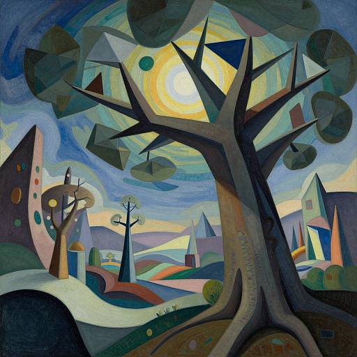 Abstract painting by Paul Klee: stylized, geometric trees with dark, spiky branches under a bright, yellow sun in a colorful, surreal landscape