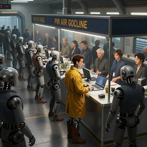 Futuristic Metro Hub with Robots and Cybernetic Engineer