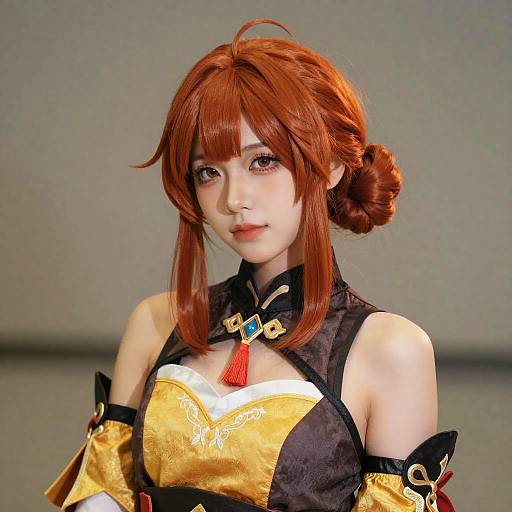 CGI image of an anime-style woman with red hair, wearing a black and gold traditional Chinese-inspired outfit with tassels.