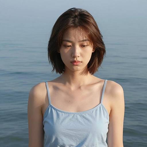 Serene Young Woman by Calm Blue Sea